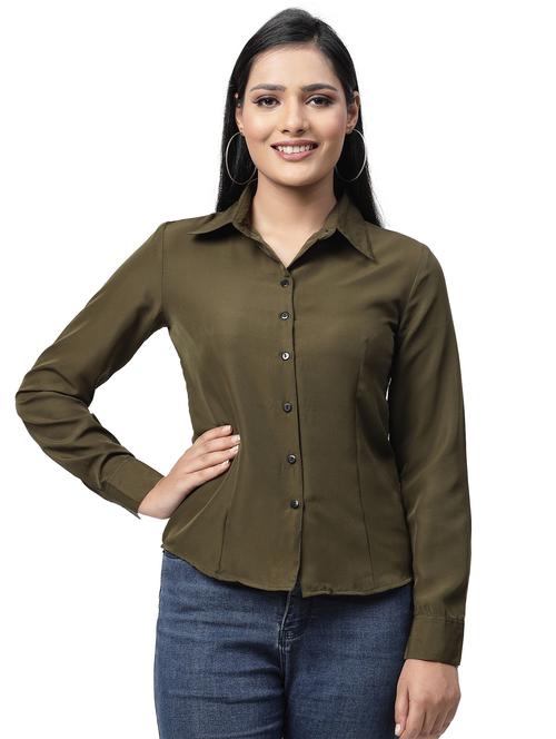 olive poly crepe regular shirt - 19354306 - Very Small Image - 1