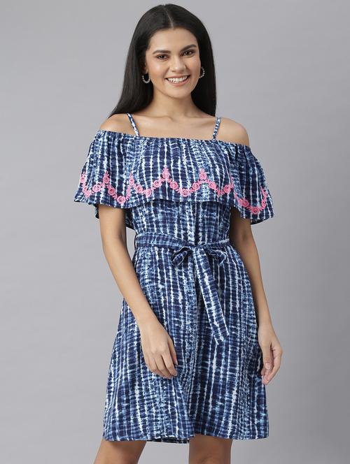 blue viscose fit & flare dress - 19371249 - Very Small Image - 1