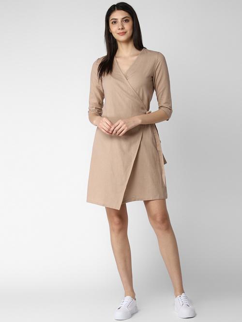 beige solid wrap dress - 19371331 - Very Small Image - 1
