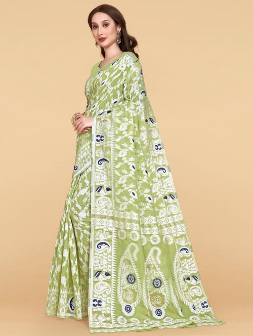 olive silk jamdani saree - 19382690 - Very Small Image - 1