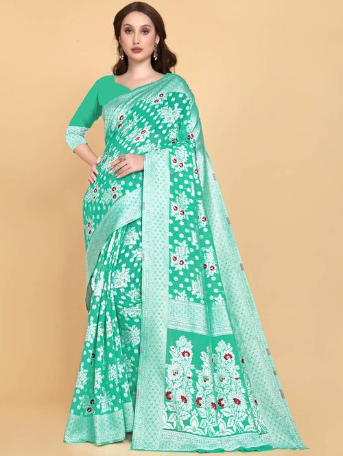 green jamdani saree with floral print - 19382698 - Very Small Image - 1