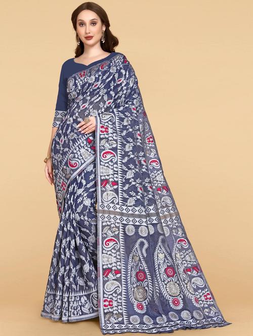 navy jamdani saree with floral print - 19382703 - Very Small Image - 1