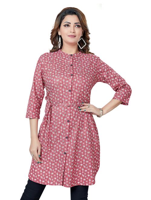 red printed mandarin neck a line tunic - 19383232 - Very Small Image - 1