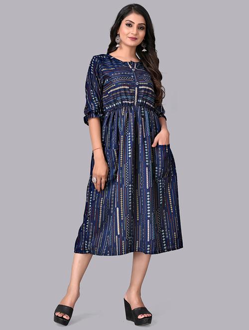 round neck printed fit & flare dress - 19391098 - Very Small Image - 1