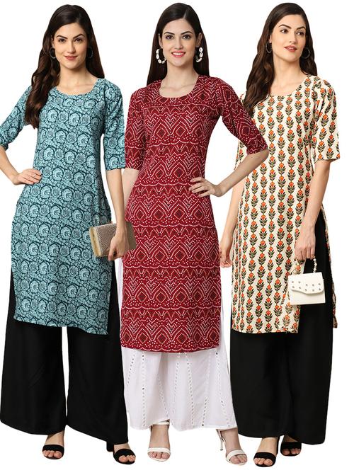 pack off 3 printed straight kurta - 19398599 - Very Small Image - 1