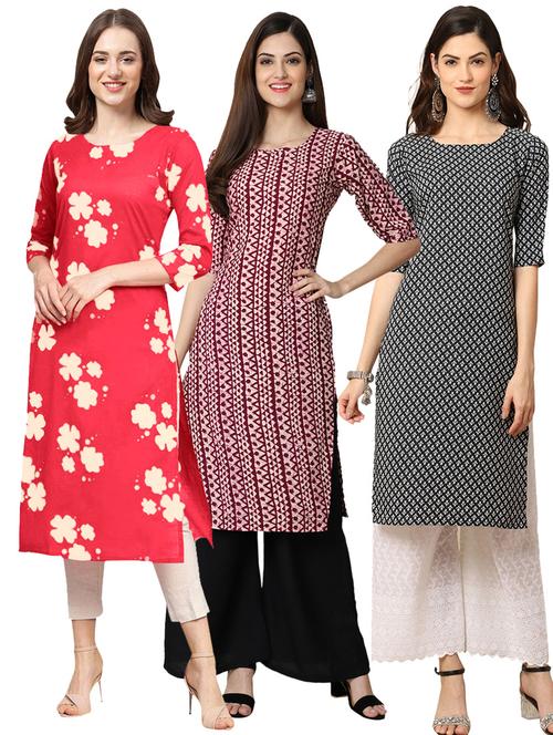 pack off 3 printed straight kurta - 19398610 - Very Small Image - 1