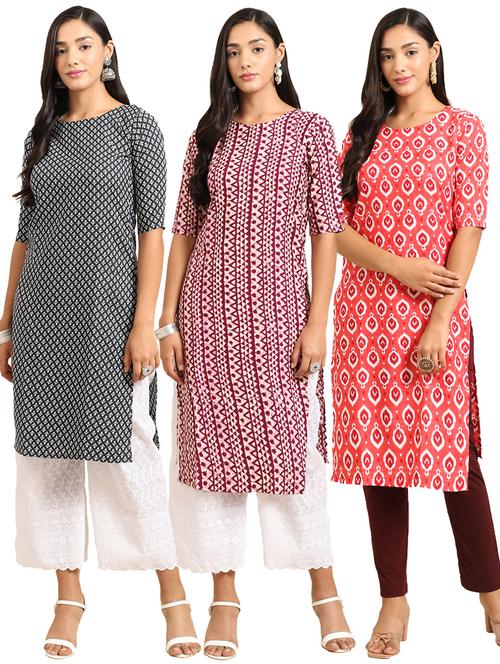 pack off 3 printed straight kurta - 19398637 - Very Small Image - 1