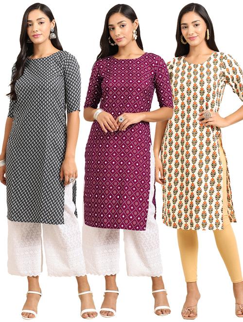 pack off 3 printed straight kurta - 19398642 - Very Small Image - 1