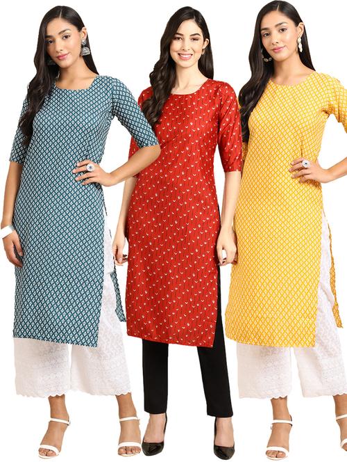 pack off 3 printed straight kurta - 19398649 - Very Small Image - 1