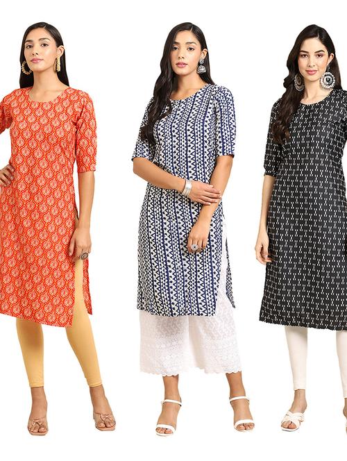 pack off 3 printed straight kurta - 19398664 - Very Small Image - 1