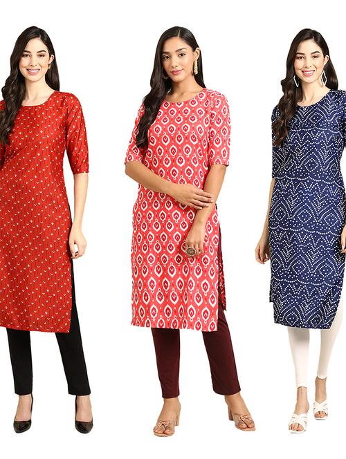 pack off 3 printed straight kurta - 19398715 - Very Small Image - 1