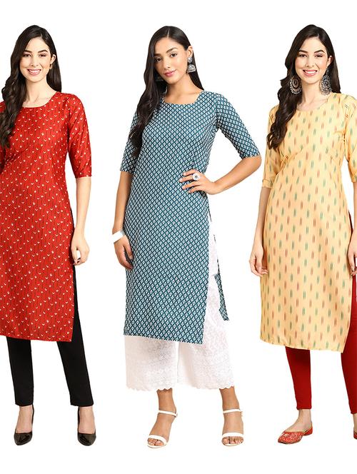 pack off 3 printed straight kurta - 19398720 - Very Small Image - 1