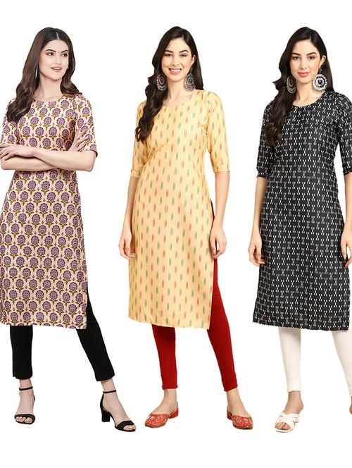 pack off 3 printed straight kurta - 19399036 - Very Small Image - 1