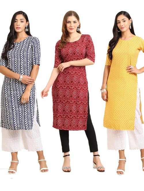 pack off 3 printed straight kurta - 19399273 - Very Small Image - 1