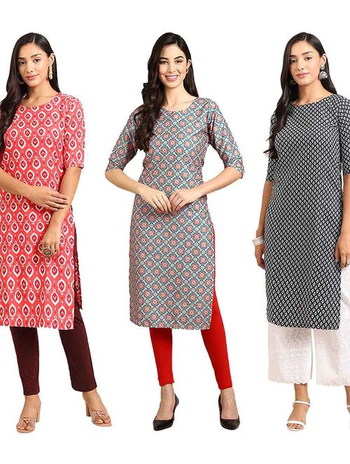 multi coloured printed straight kurta set - 19400379 - Very Small Image - 1