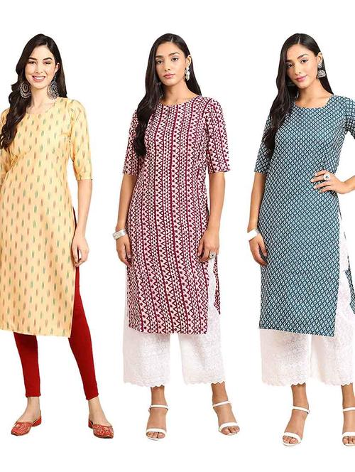 multi coloured printed straight kurta set - 19400440 - Very Small Image - 1