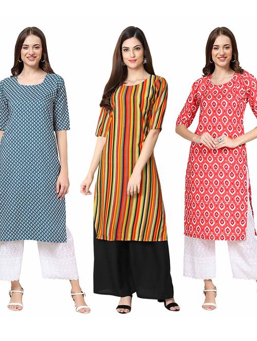 pack of 3 printed & striped straight kurta - 19400863 - Very Small Image - 1