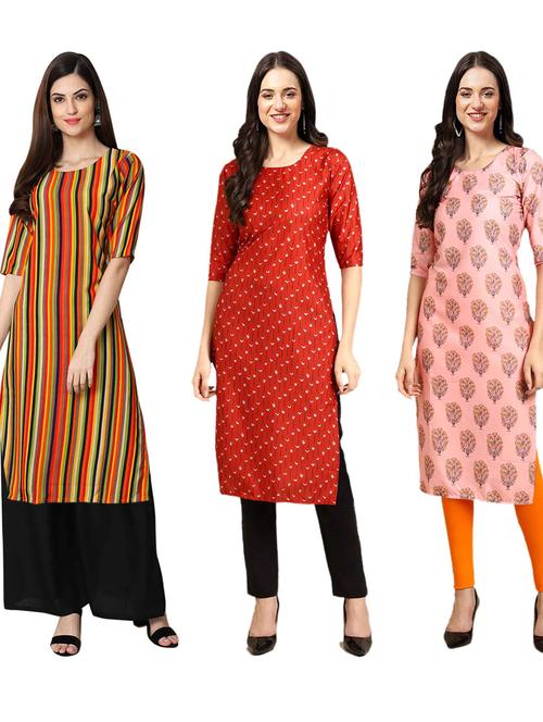pack of 3 printed & striped straight kurta - 19400974 - Very Small Image - 1