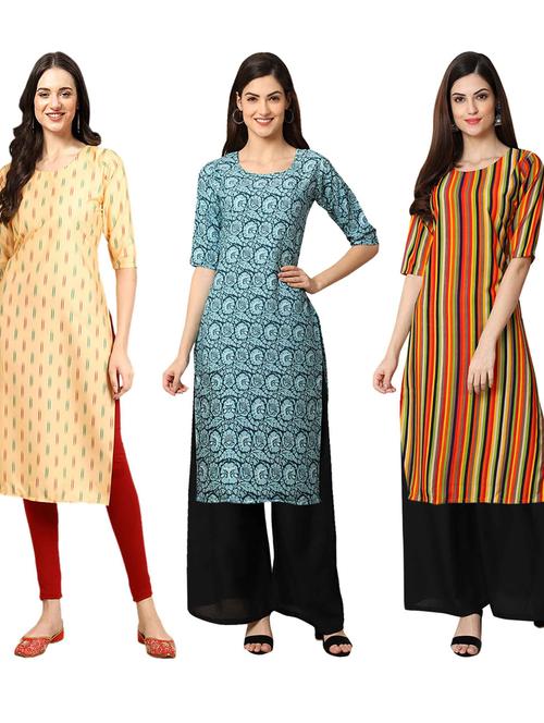 pack of 3 printed & striped straight kurta - 19400990 - Very Small Image - 1