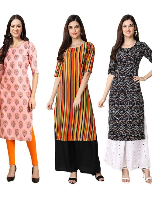 pack of 3 printed & striped straight kurta - 19401014 - Very Small Image - 1