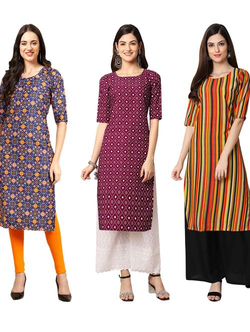 pack of 3 printed & striped straight kurta - 19401017 - Very Small Image - 1