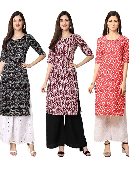 pack off 3 printed straight kurta - 19401370 - Very Small Image - 1