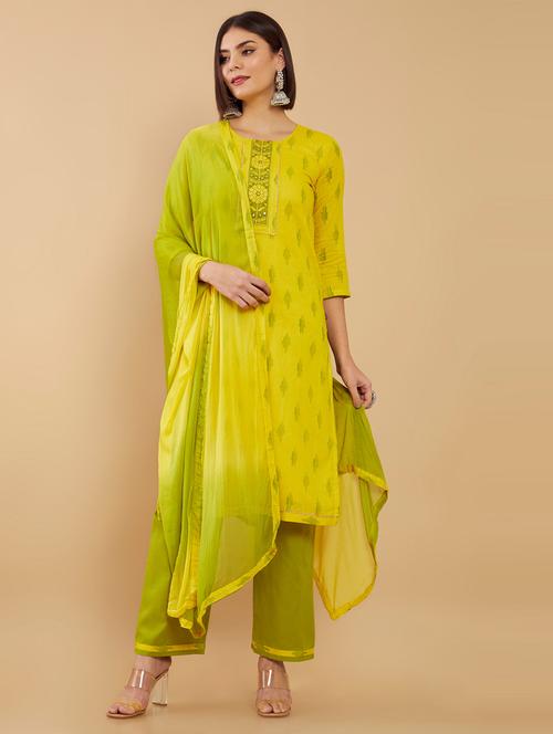 yellow printed unstitched salwar suit - 19405821 - Very Small Image - 1
