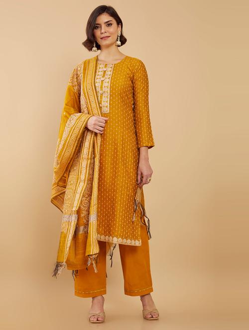 yellow self design unstitched salwar suit - 19405916 - Very Small Image - 1