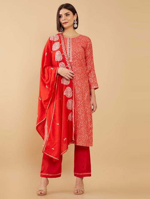 red printed unstitched salwar suit - 19405925 - Very Small Image - 1