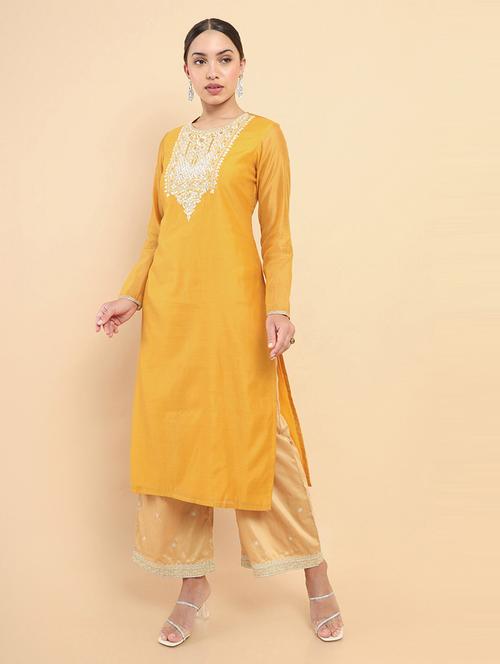 yellow embroidered straight kurta - 19406001 - Very Small Image - 1