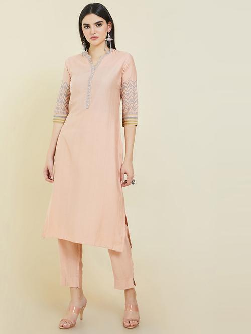 peach solid kurta pant set - 19406147 - Very Small Image - 1