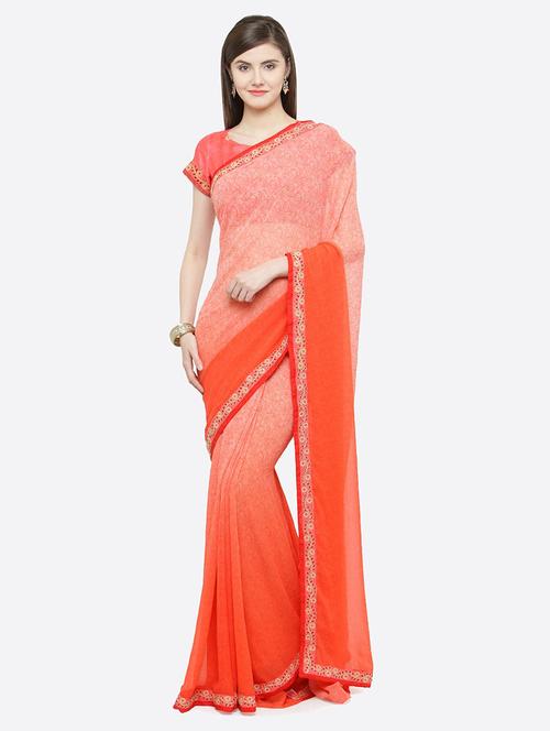 women's printed orange colored saree with blouse - 19407146 - Very Small Image - 1
