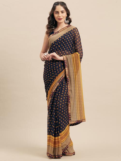 women's micro print navy blue colored saree with blouse - 19407151 - Very Small Image - 1