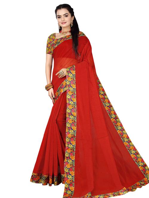 red plain saree with border with blouse - 19407177 - Very Small Image - 1