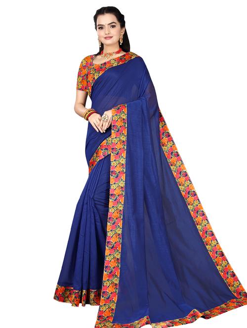 blue plain saree with border - 19407178 - Very Small Image - 1