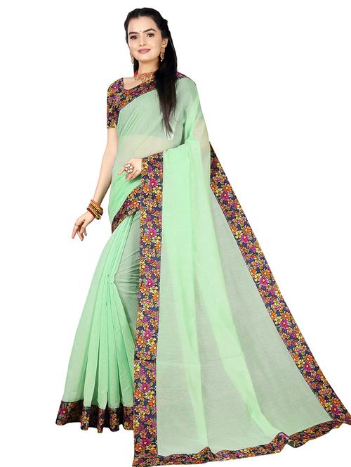light green plain saree with border with blouse - 19407184 - Very Small Image - 1