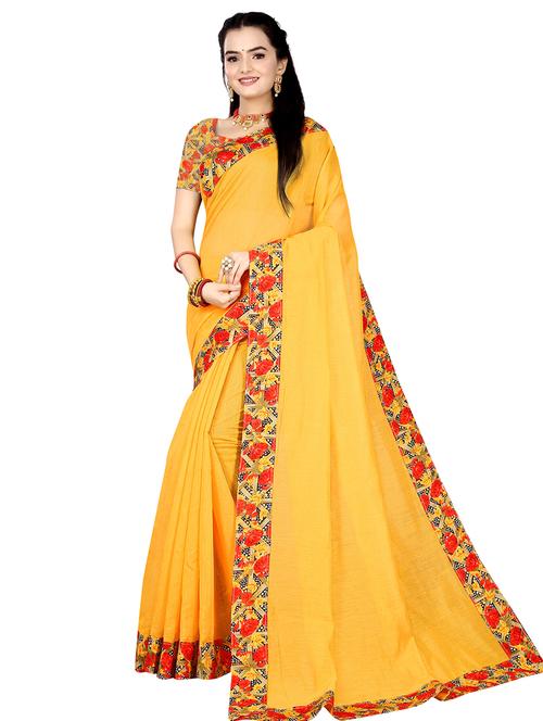 yellow plain saree with border with blouse - 19407186 - Very Small Image - 1