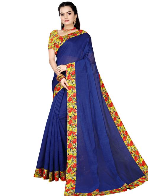 blue plain saree with border with blouse - 19407187 - Very Small Image - 1