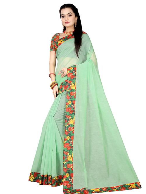 light green plain saree with border with blouse - 19407193 - Very Small Image - 1