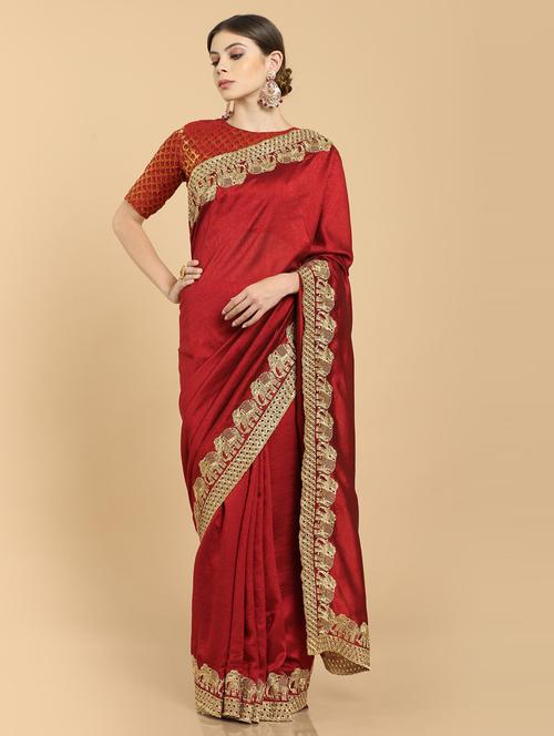 maroon solid gold bordered saree with blouse - 19407417 - Very Small Image - 1