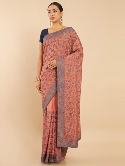 orange silk embroidered saree with blouse - 19407497 - Very Small Image - 1