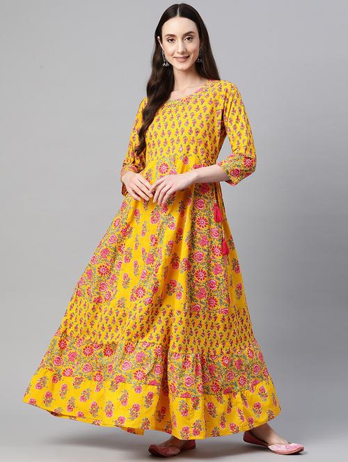 yellow printed flared ethnic dress - 19408548 - Very Small Image - 1