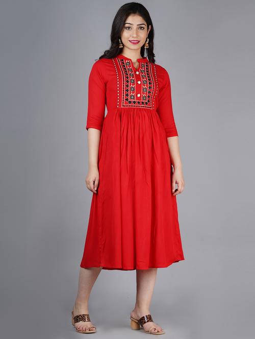 red embroidered a-line kurta - 19408554 - Very Small Image - 1
