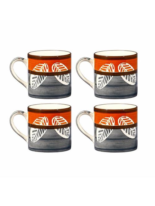 caffeine ceramic handmade orange & grey leaf print tea cup (set of 4) - 19408721 - Very Small Image - 1