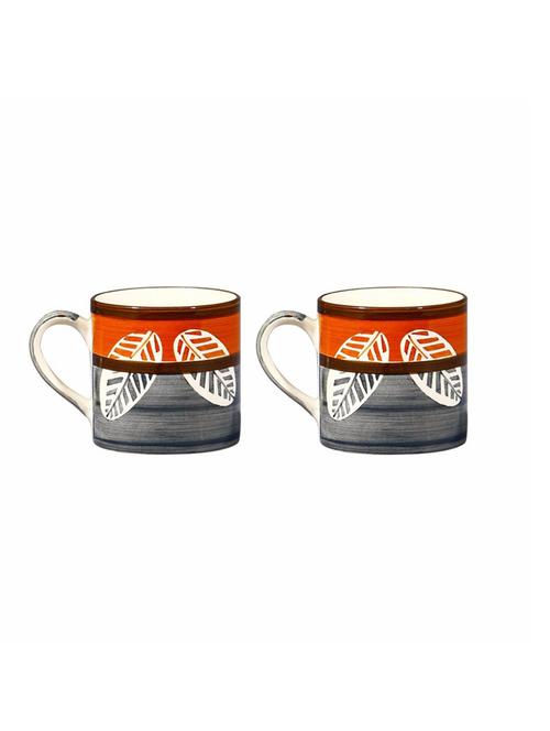 caffeine ceramic handmade orange & grey leaf print tea cup (set of 2) - 19408794 - Very Small Image - 1