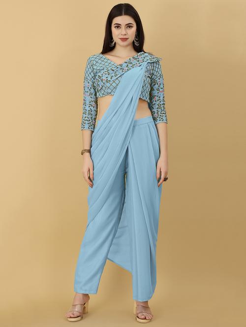 women's solid light blue colored saree with blouse - 19409262 - Very Small Image - 1