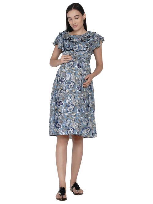 floral print ruffled neck maternity dress - 19409314 - Very Small Image - 1
