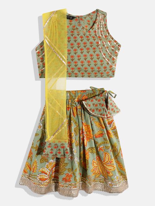 girls green cotton lehenga choli - 19409347 - Very Small Image - 1