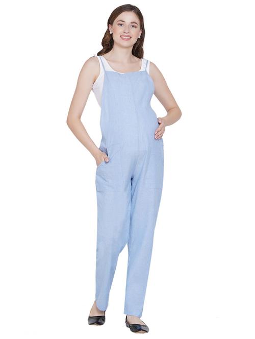 blue solid cotton maternity jumpsuit - 19409351 - Very Small Image - 1