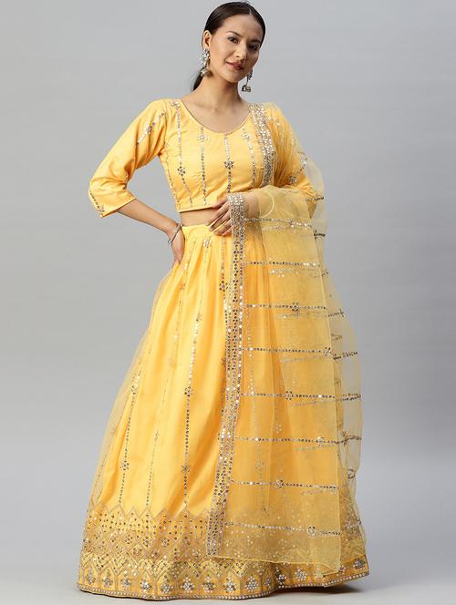yellow embellished flared lehenga set - 19409358 - Very Small Image - 1